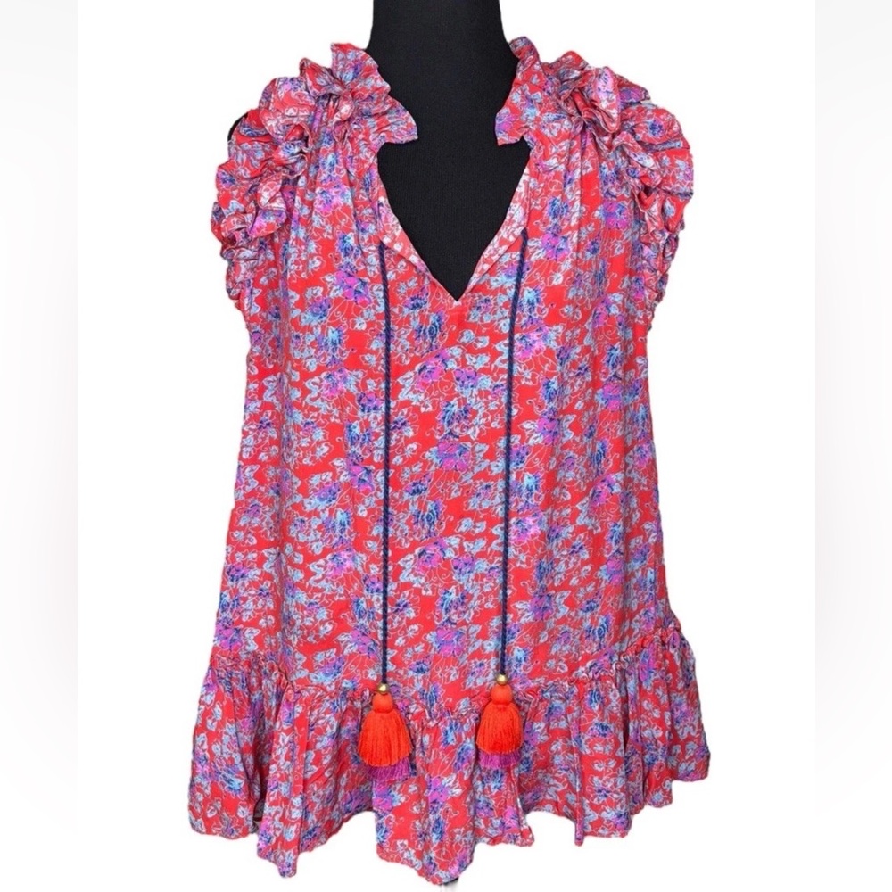 FIGUE 100% Silk Sleeveless Ruffle Blouse Tassels Floral Sleeveless Medium M Top